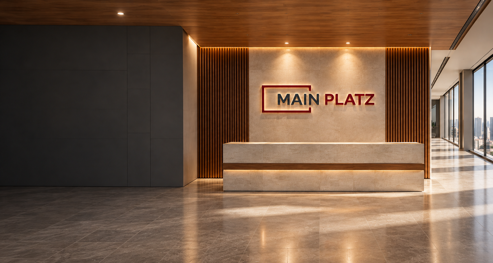 MAIN PLATZ 로고가 있는 따뜻한 조명의 오피스 로비
